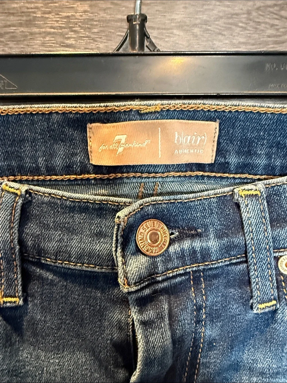 7 For All Mankind Medium Blue Flare Jeans with Embroidered Pockets - Picture 4 of 5